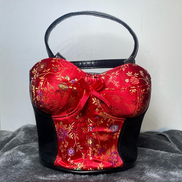 Vintage Lace Bustier Corset Mini Purse Bag Black and Red - Picture 1 of 4